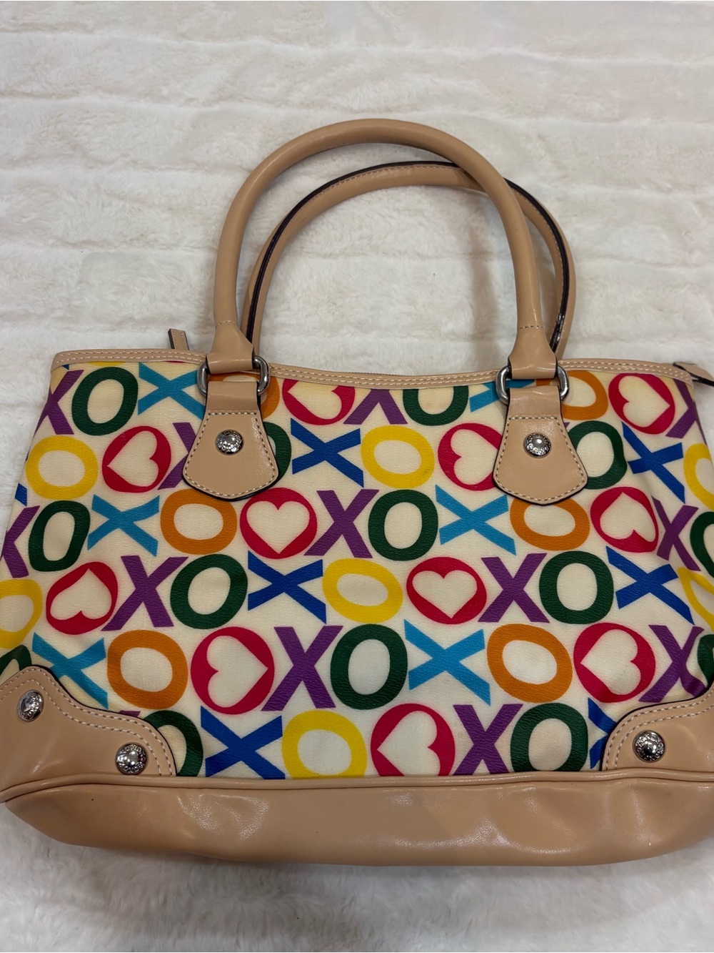 XOXO Multicolor Heart & X Print Tote with Beige Trim